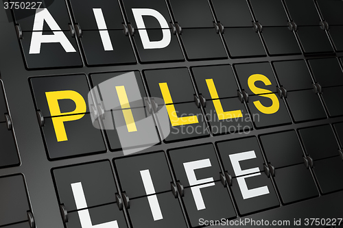 Image of Medicine concept: Pills on airport board background