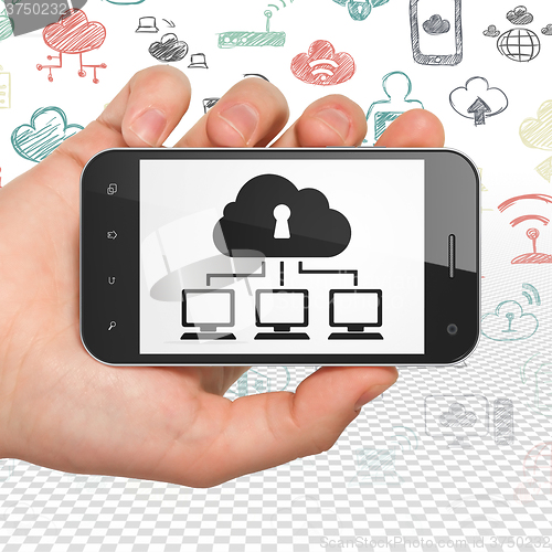 Image of Cloud technology concept: Hand Holding Smartphone with Cloud Network on display