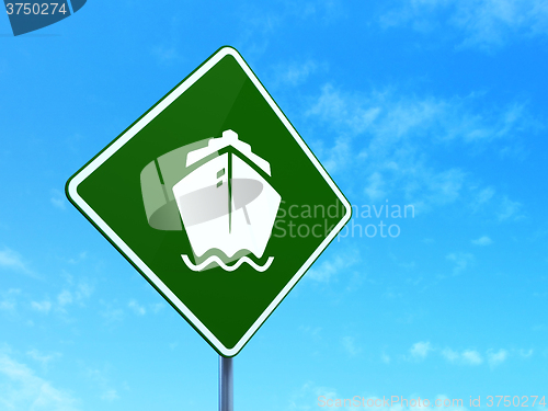 Image of Tourism concept: Ship on road sign background