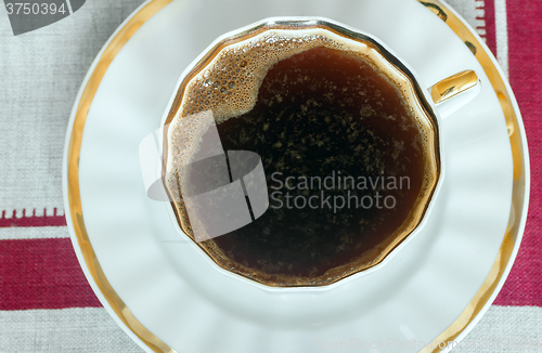 Image of Close up of a Cup of black coffee . The view from the top.