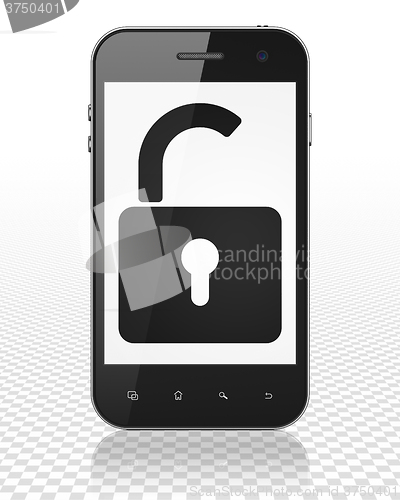 Image of Protection concept: Smartphone with Opened Padlock on display