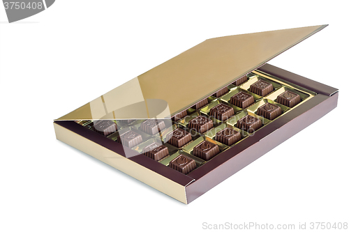 Image of An open box of chocolates on a white background.