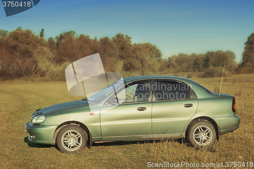 Image of The car on the green lawn.