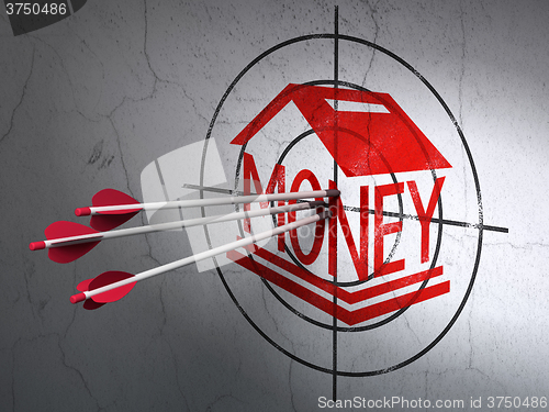 Image of Banking concept: arrows in Money Box target on wall background