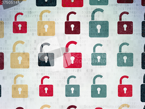 Image of Information concept: Opened Padlock icons on Digital Paper background