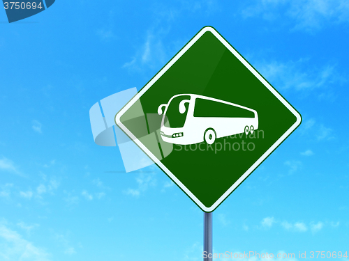 Image of Vacation concept: Bus on road sign background