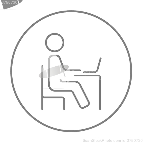 Image of Student sitting on chair in front of laptop line icon.