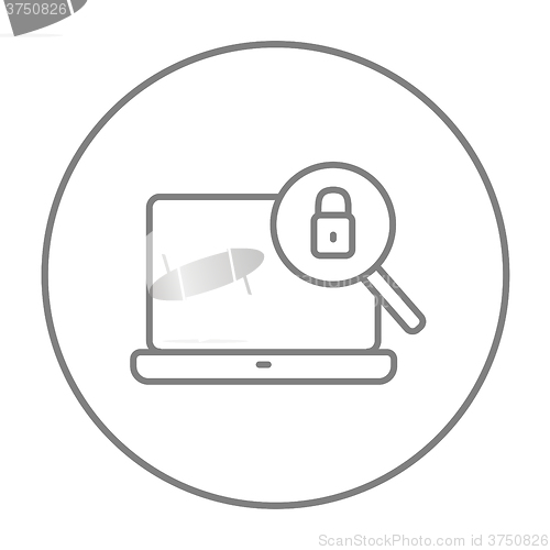 Image of Laptop and magnifying glass line icon.