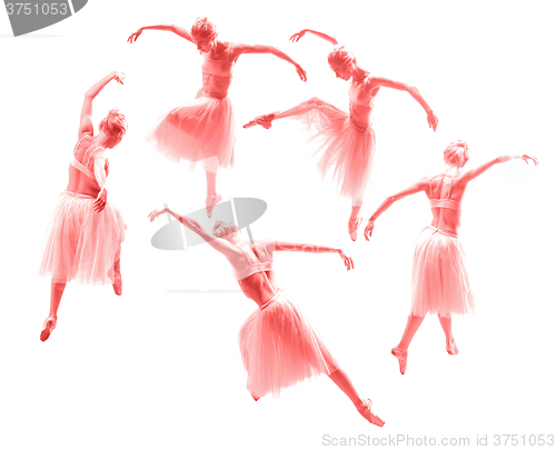 Image of The young beautiful ballerina dancer dancing on a white background. Collage