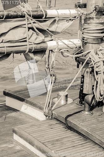 Image of Blocks and rigging of an old sailboat, close-up  