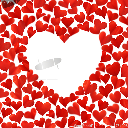 Image of Background with red hearts in 3D, empty space for text in heart shape