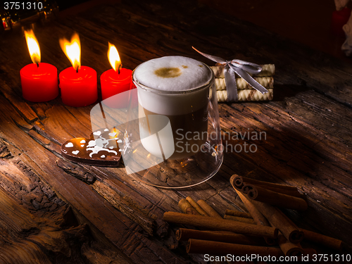 Image of Frothy, layered cappuccino in a clear glass mug