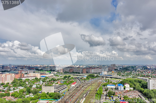 Image of Aerial view on Strela bridge over railways. Tyumen