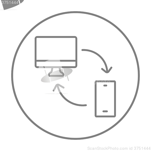 Image of Synchronization computer with mobile device line icon.