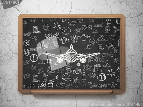 Image of Tourism concept: Aircraft on School Board background