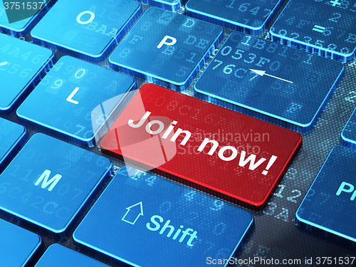 Image of Social media concept: Join now! on computer keyboard background