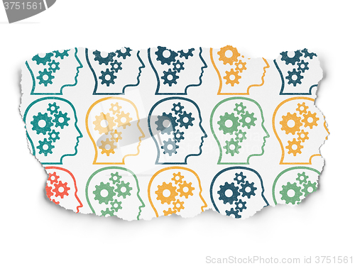 Image of Finance concept: Head With Gears icons on Torn Paper background