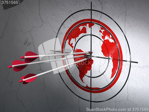 Image of Learning concept: arrows in Globe target on wall background