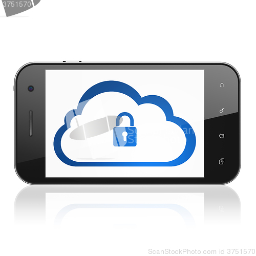 Image of Cloud networking concept: Smartphone with Cloud With Padlock on display