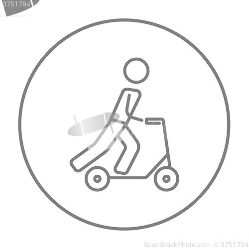 Image of Man riding kick scooter line icon.