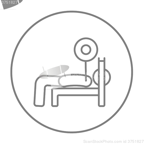 Image of Man lying on bench and lifting barbell line icon.