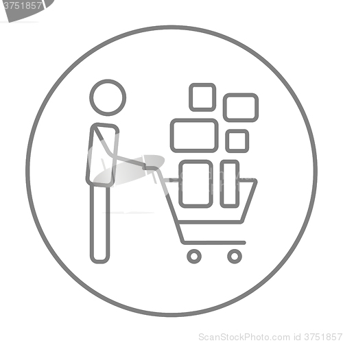 Image of Man pushing shopping cart line icon.