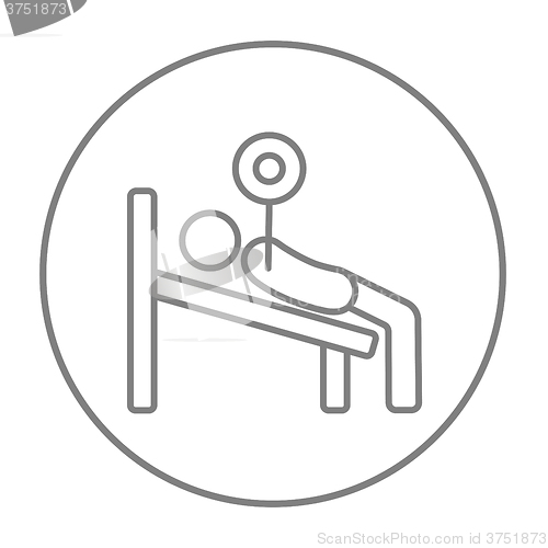 Image of Man lying on bench and lifting barbell line icon.