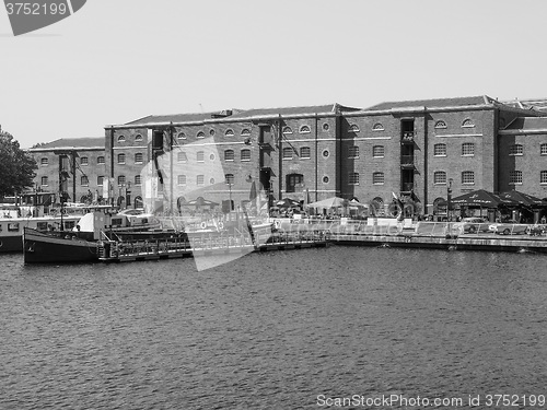 Image of Black and white West India Quay in London