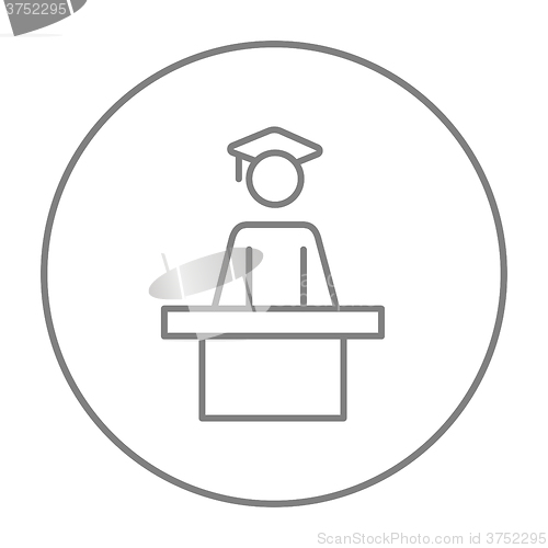 Image of Graduate standing near tribune line icon.