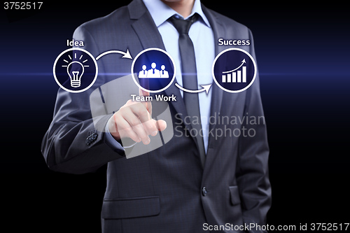 Image of businessman pressing idea team work success virtual button. concept