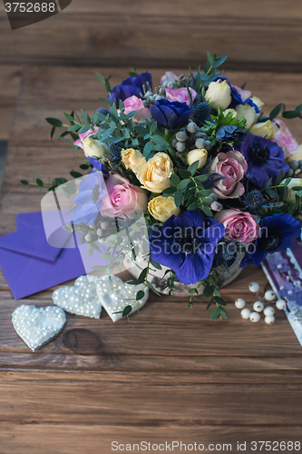 Image of beautiful bouquet flowers and hearts 