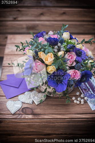 Image of beautiful bouquet flowers and hearts 