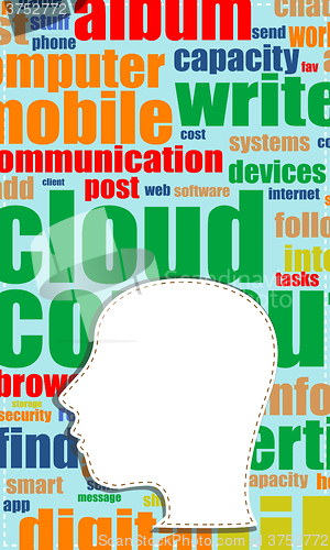 Image of vector Word cloud, tag cloud text business concept. Head silhouette with the words on the topic of social networking. Word collage.