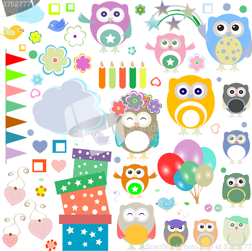 Image of Set of vector birthday party elements with cute owls