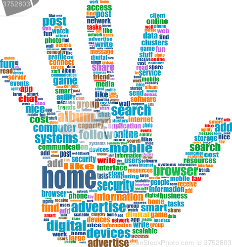 Image of vector Illustration of the hands symbol, which is composed of text keywords on social media themes. Isolated on white.