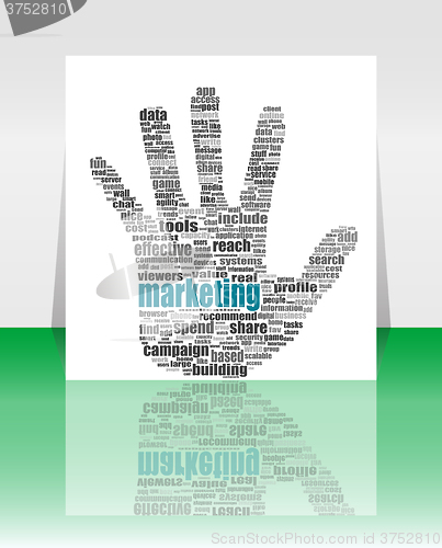 Image of vector Illustration of the hands symbol, which is composed of text keywords on social media themes