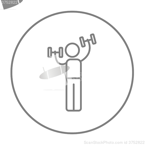 Image of Man exercising with dumbbells line icon.