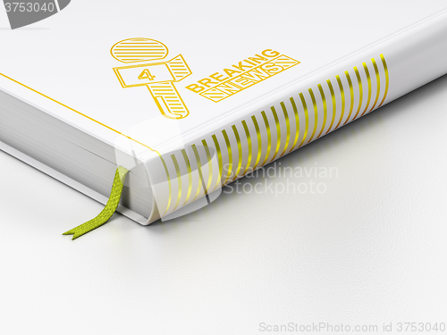 Image of News concept: closed book, Breaking News And Microphone on white background