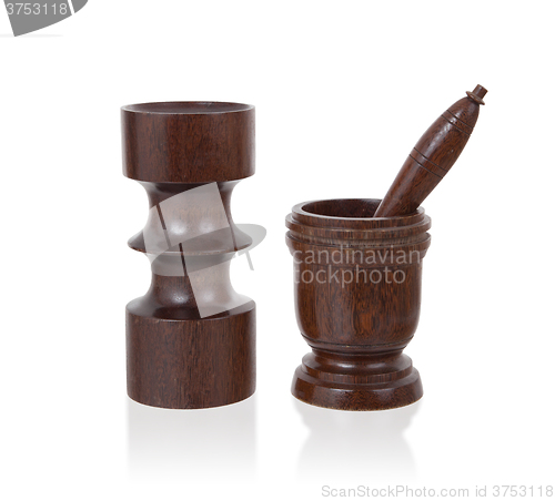 Image of Handmade wooden mortar and candle holder isolated