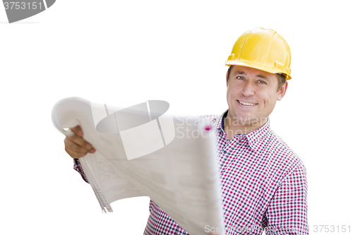 Image of Contractor in Hardhat Holding Blueprints On White