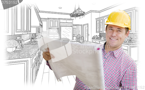 Image of Contractor Holding Blueprints Over Custom Kitchen Drawing