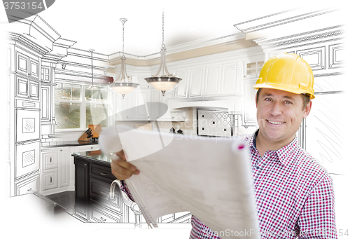 Image of Contractor Holding Blueprints Over Custom Kitchen Drawing and Ph
