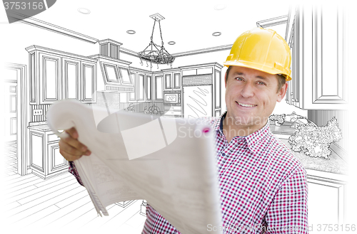 Image of Contractor Holding Blueprints Over Custom Kitchen Drawing