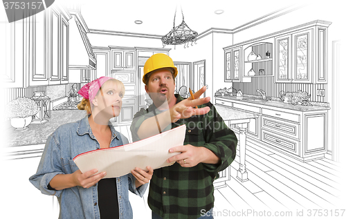 Image of Contractor Talking with Customer Over Kitchen Drawing