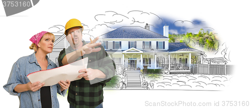 Image of Contractor Talking with Customer Over Home Drawing and Photo