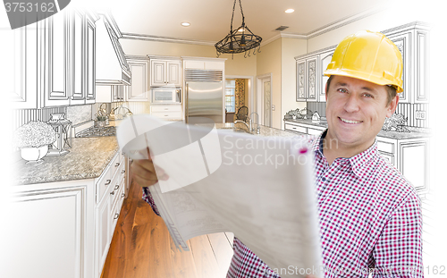 Image of Contractor Holding Blueprints Over Custom Kitchen Drawing and Ph