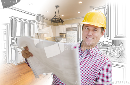 Image of Contractor Holding Blueprints Over Custom Kitchen Drawing and Ph