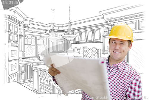 Image of Contractor Holding Blueprints Over Custom Kitchen Drawing