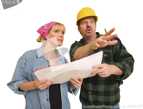 Image of Contractor in Hard Hat Discussing Plans with Woman On White