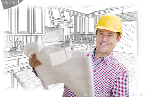 Image of Contractor Holding Blueprints Over Custom Kitchen Drawing